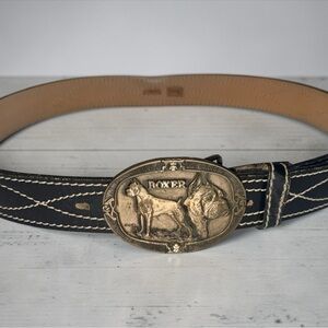 Vintage Award Design Medals Boxer Oval Brass Buckle on Sears Black Leather Belt